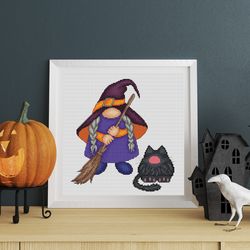 witch gnome cross stitch pattern pdf, gnome cross stitch, halloween gnome, cat cross stitch, halloween cross stitch