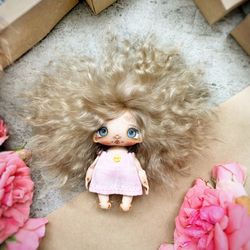 Mini fabric doll Art doll Tiny Textile doll 4 inch (10 cm) Custom Doll pendant Doll with natural hair