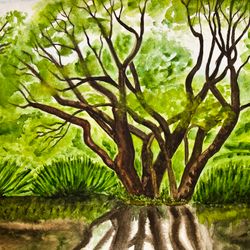 Willow tree summer landscape watercolor painting