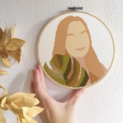 boho woman cross stitch pattern contemporary cross stitch pdf blonde girl female portrait xstitch monstera leaf digital