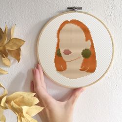 Boho woman cross stitch pattern Modern cross stitch PDF Redhead girl Female portrait xstitch for beginners