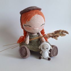 Crochet doll. Crochet Village doll. Redhead girl. Handmade farmer doll with sheep