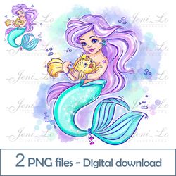 mermaid and gold fish 2 png files little mermaid clipart sea princess sublimation magic design digital download