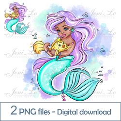 Black Mermaid and Gold fish 2 PNG files little mermaid Clipart sea Princess Sublimation Magic design Digital Download