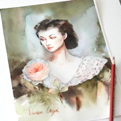 Portrait of Vivien Leigh Original painting Watercolor and colored pencils