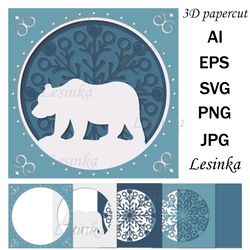 3D greeting card, Bear on mandala background, papercut