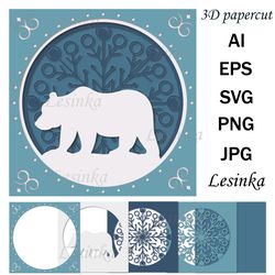 3d greeting card, bear on mandala background, papercut
