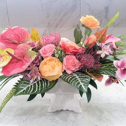 Artificial flower tropical arrangement, Luxurious exotic faux flowers centerpiece, Coral and pink floral table decor
