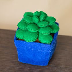Rare succulent in blue pot, fake stuffed cactus plant for office or home decor, gift for nature lover