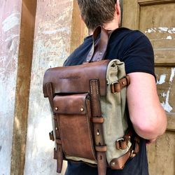 Leather Canvas Backpack Sling Backpack Messenger Bag Satchel Men Bag Vintage Leather Bag