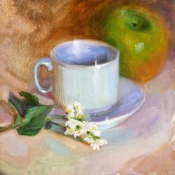 Tea Cup Painting Original Art Still life Artwork Apple Wall Art Small Oil Painting 8 by 8 inches