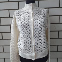 White cardigan made of cotton yarn knitted / White openwork bridal blouse