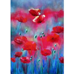 Poppies Painting Tuscany Art Poppy Original Art Floral Wall Art Landscape Artwork Italian Painting 27.5" by 19.5"