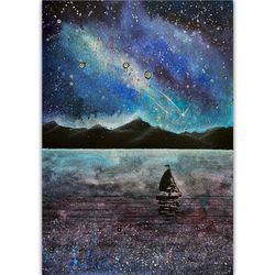 Sailboat painting Seascape Original art Night sky artwork Celestial wall art 8x12 A4 by Rubinova