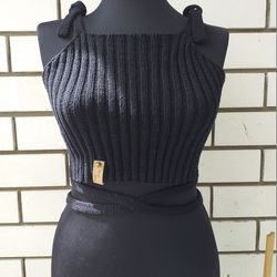 black hand-knitted cotton crop top with ties/t-shirt knitted from cotton