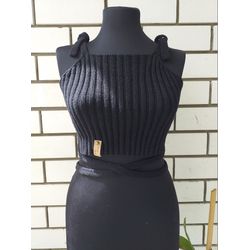 Black hand-knitted cotton crop top with ties/T-shirt knitted from cotton