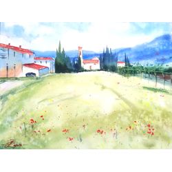 Italy Painting Tuscany Original Artwork Landscape Painting Watercolor Art 14" by 10" by ArtMadeIra