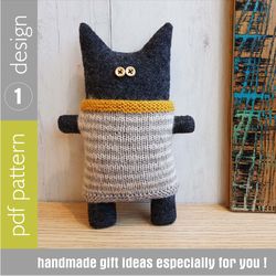 Black Cat in striped sweater sewing pattern PDF, knitted sweater pattern, rag doll tutorial in english, soft toy cat