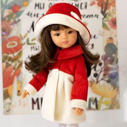 Red coat and hat for dolls Paola Reina, Siblies, Corolle, Little Darling, outerwear for 13 inches doll, set doll clothes