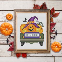 Halloween truck cross stitch pattern PDF, pumpkin cross stitch, fall cross stitch, halloween cross stitch