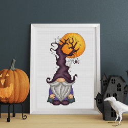 Halloween gnome cross stitch pattern PDF, gnome cross stitch,  halloween cross stitch, full moon cross stitch