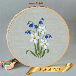 Floral pattern PDF hand embroidery DIY, Daisy and bells design