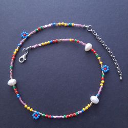 Multicolored beaded choker with pearls and flowers, summer bright necklace, gift for her