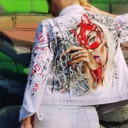 fabric painted clothes, white women cotton jacket, Custom designed girl denim clothes, Cat woman drawing, wearable art