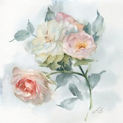 Delicate roses in watercolor Original art Flowers painting by Yulia Evsyukova