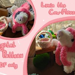 Lunia the Cow-Mouse with basket, hat and flower Crochet Pattern, Amigurumi Pattern, Crochet Mouse Pattern