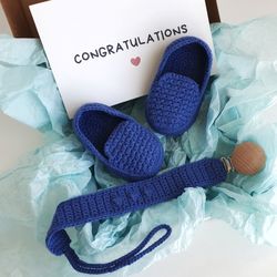 Congrats on Baby boy gift Crochet baby booties Customized pacifier clip Newborn essentials Baby gift from aunt Mom to be