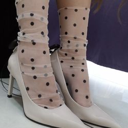 Tulle Mesh Socks Dots French for Women | Sheer Socks Nude Nylon | White Polka Dots Socks Mesh French Transparent