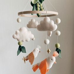woodland baby mobile green peas  and forest birds/ neutral nursery decor