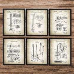 Set of 6 Guitar Patent Prints,Guitar Player Gift,Guitar Art,Guitar Patent Poster,Guitar Wall Art,Music Room Wall Art