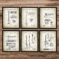 set of 6 guitar patent prints,guitar player gift,guitar art,guitar patent poster,guitar wall art,music room wall art