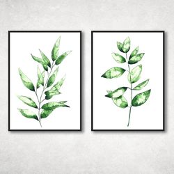 Set of 2 Botanical Prints, Bedroom wall decor,  Botanical Prints Watercolor Painting, Green Printable Wall Art