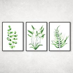 Green Leaves Print Set of 3 Watercolor Leaves Print, Plant Home Decoration Wall Art, Watercolor painting printable