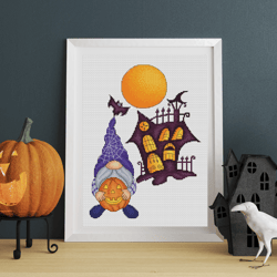 Gnome cross stitch pattern PDF, halloween gnome, moon cross stitch, halloween cross stitch