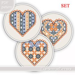 Hearts Modern Cross Stitch Patterns. set of 3. Valentine's day.