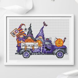 Gnomes cross stitch pattern PDF, halloween gnomes, truck cross stitch, gnomes truck, halloween cross stitch