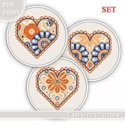 Flower Hearts Cross Stitch Pattern. Set of 3. Abstract,