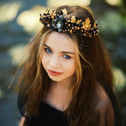 Black gold headband with leaves Black and gold crown Gothic headdress Event royal headdress Wedding crown