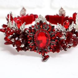 Red and silver crown Crystal bridal headdress Wedding tiara Red royal diadem Victorian style headdress Event headband