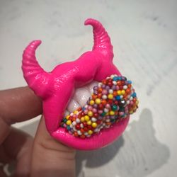 Pink Lips Brooch with Horns, neon pink, Sugar tongue, Alternative jewelry