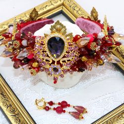 Beaded pink bridal crown Wedding tiara Event headdress Royal pink diadem Handmade crystal headband Glam gift for women