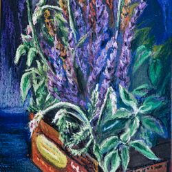 Lavender painting Oil pastel painting Still life art Floral painting Original art Wildflower painting