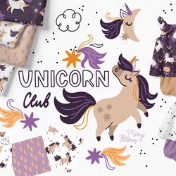 rainbow unicorn clipart and seamless pattern collection