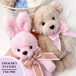 Crochet teddy bear and bunny pattern. Amigurumi plush animal toy