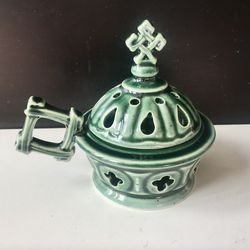 Church hand-made porcelain incense burner.  "Square" with colored glaze, Hand made in Russia