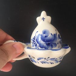 Church hand-made porcelain incense burner. "Gzhel" BLUE - WHITE with colored glaze, Hand made in Russia